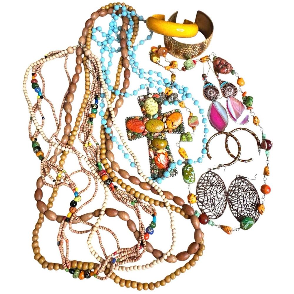 Fun Boho Hippie Indie Festival Mixed Jewelry Lot Natural Tones Stones Wood Glass
